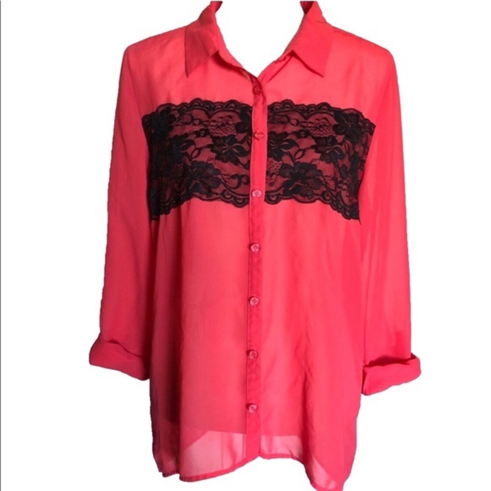 Maurices Pink Sheer Button-down Blouse w/ Lace NWT